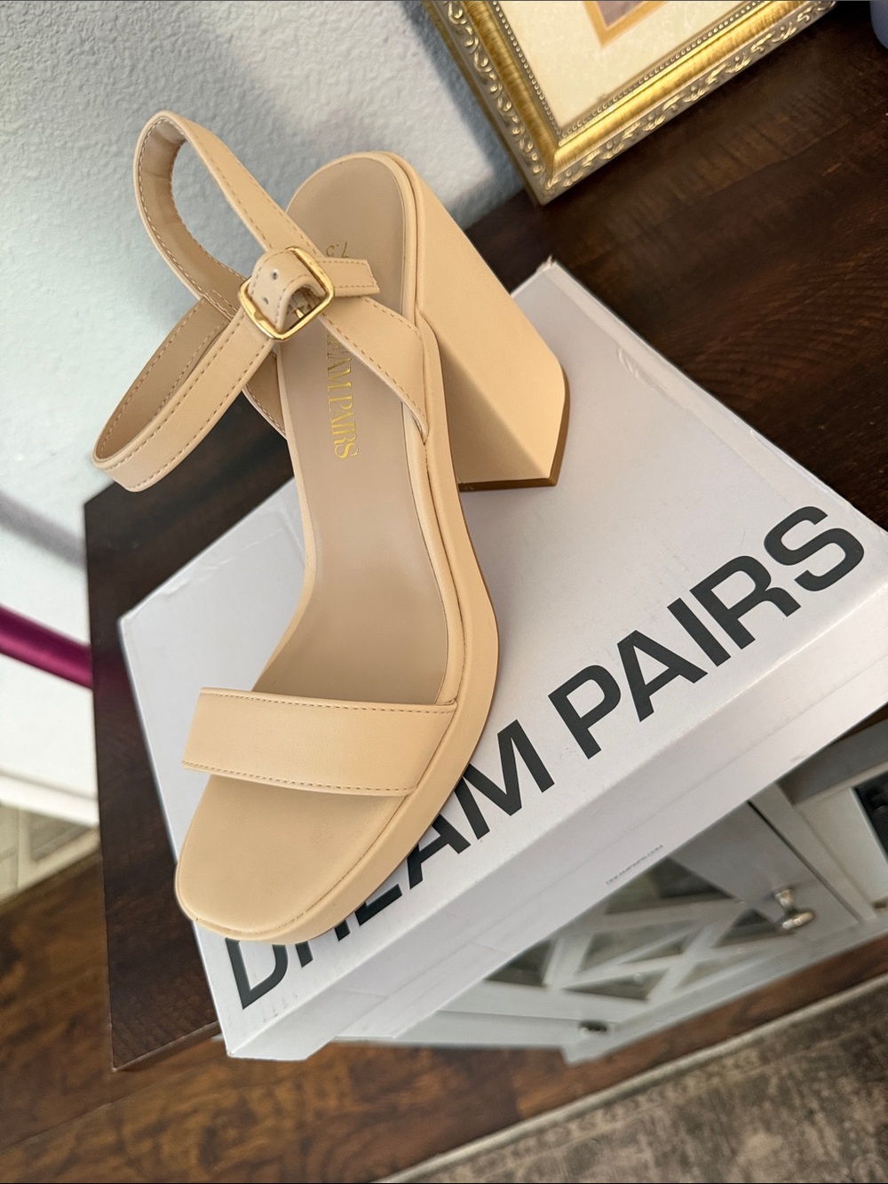 Dream Pairs Beige Block Heel Ankle Strap Sandals